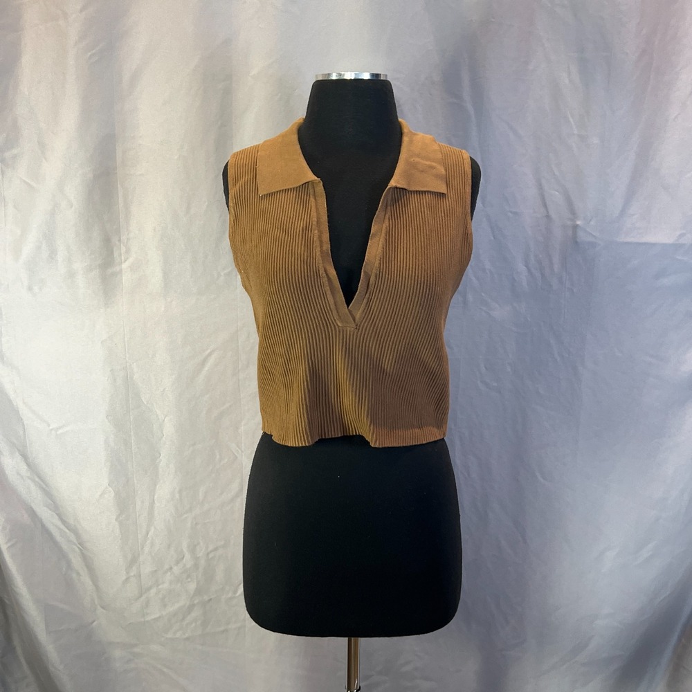 House of Harlow Crop Sweater Vest Women L Brown Ribbed Knit Split Neck Pullover